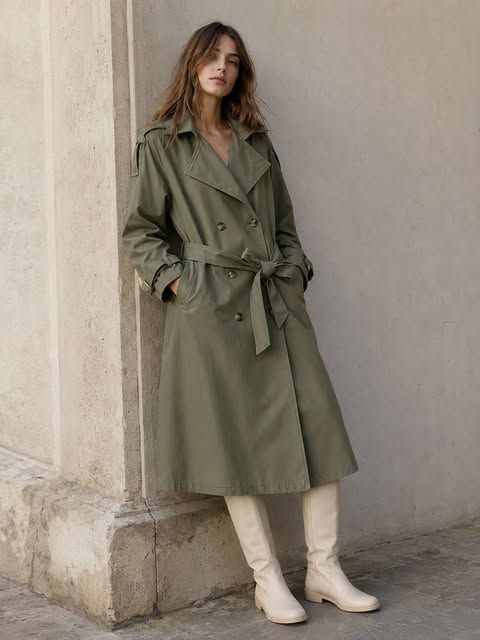 Model in olivgrünem Trenchcoat und cremefarbenen Stiefeln